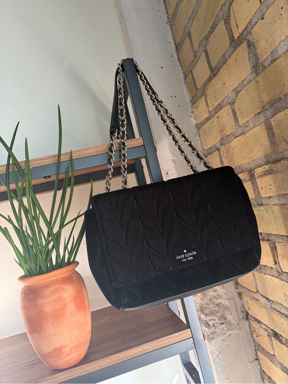 Kate Spade Briar Lane Quilted Velvet Emelyn Convertible Shoulder Bag Black